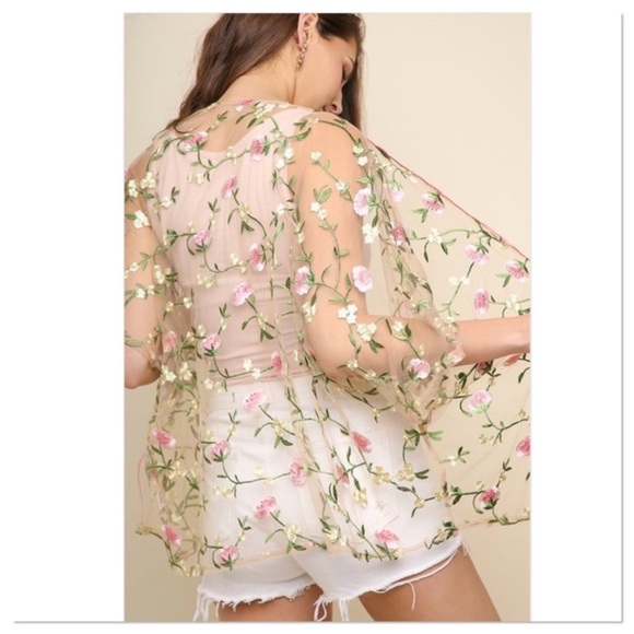 SALE LAST 1! Nude Floral Embroidered Sheer Kimono - Picture 3 of 4